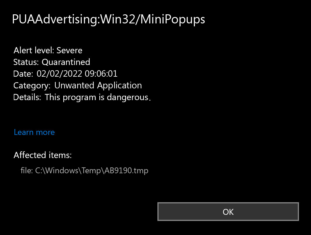PUAAdvertising:Win32/MiniPopups found