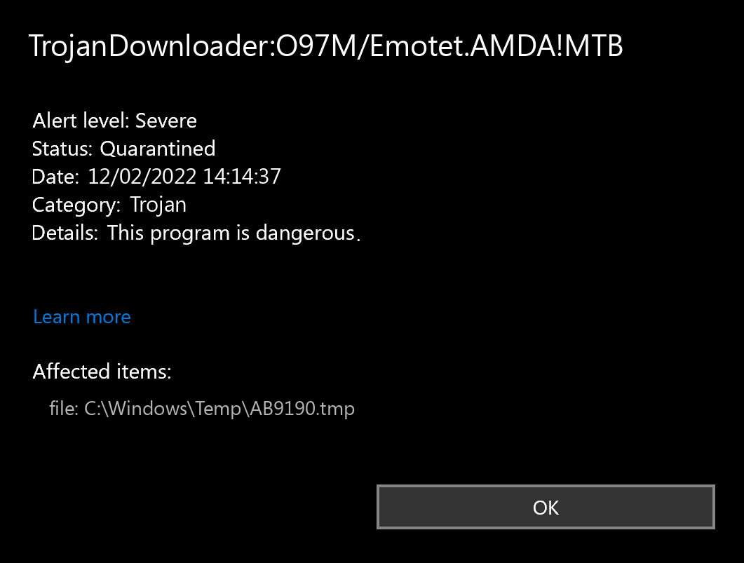 TrojanDownloader:O97M/Emotet.AMDA!MTB found