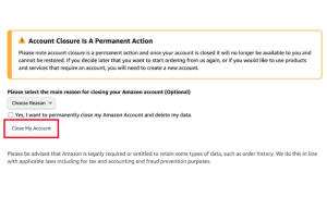 elimina la chiusura dell'account Amazon è un'azione permanente