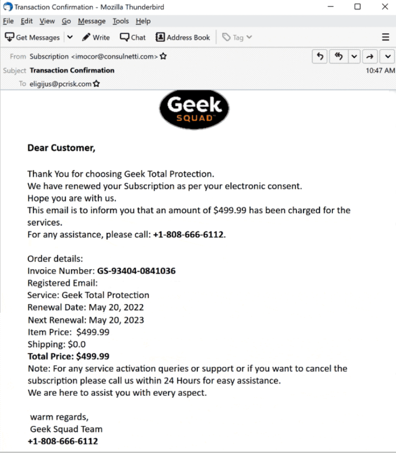 "Geek Squad" Email Scam Do Not Trust It!