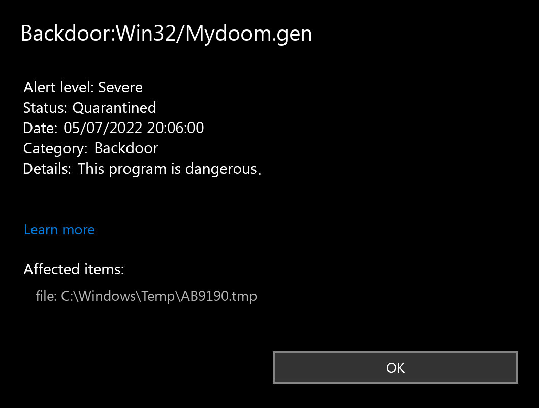 Backdoor:Win32/Mydoom.gen found