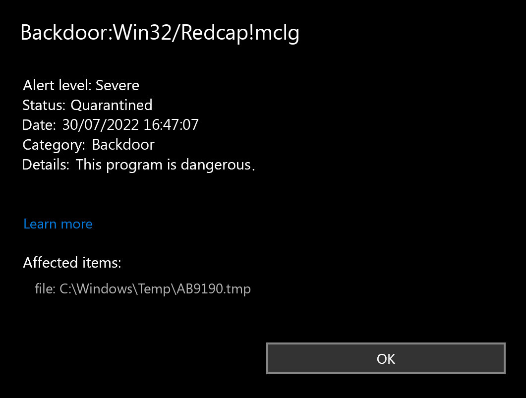 Backdoor:Win32/Redcap!mclg found