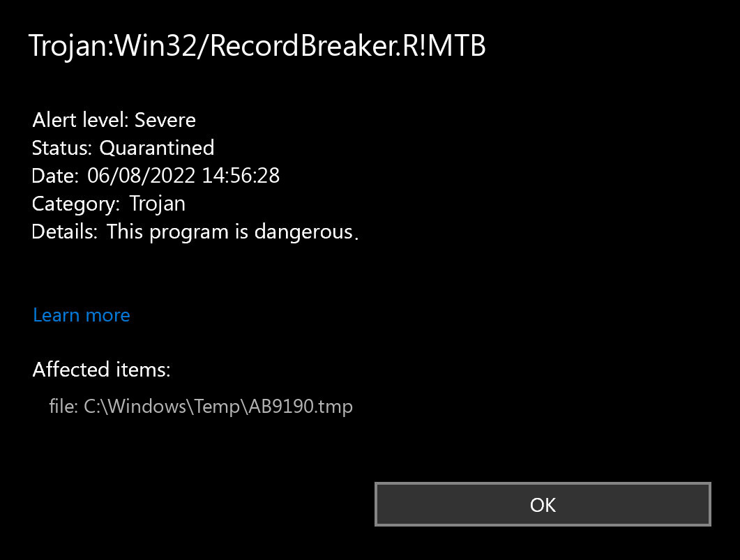 Trojan:Win32/RecordBreaker!MTB found