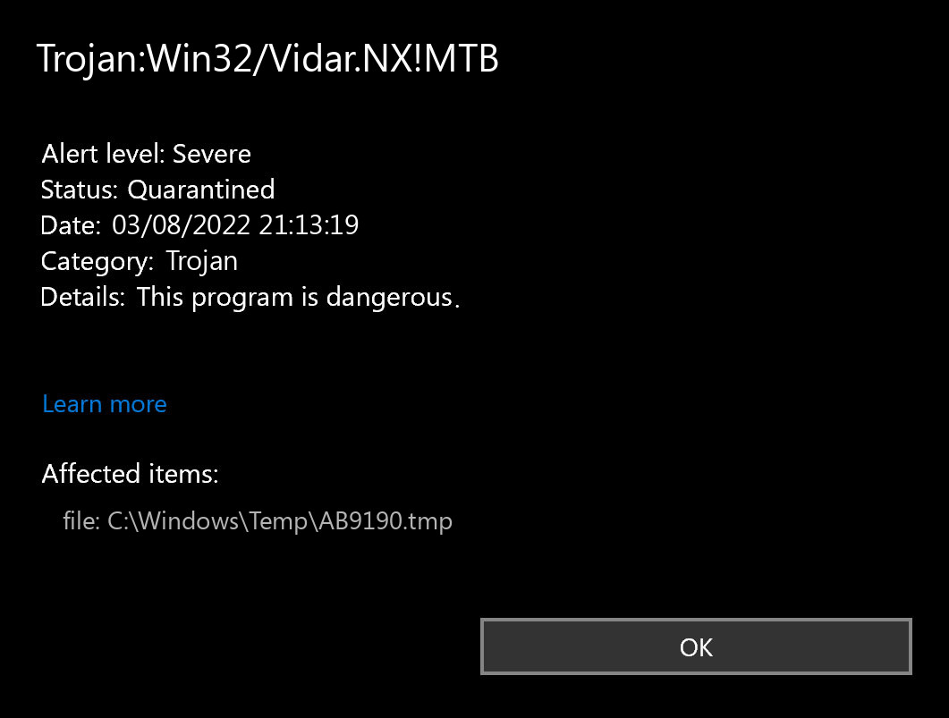 Trojan:Win32/Vidar.NX!MTB found