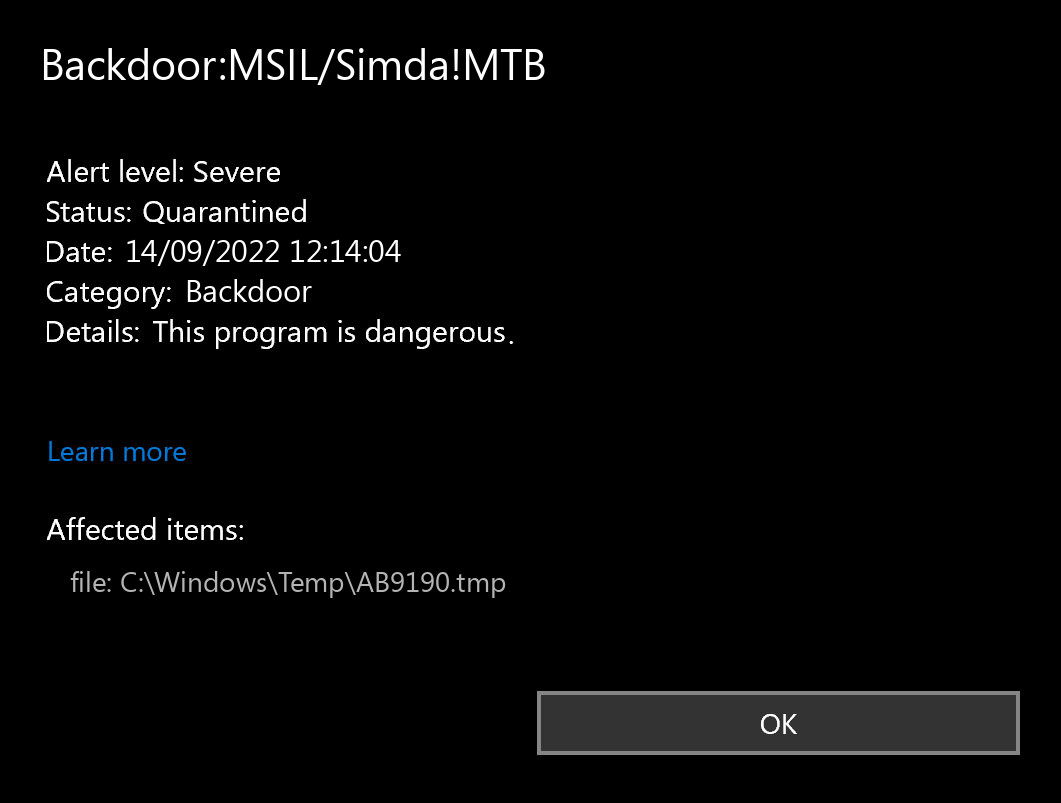 Backdoor:MSIL/Simda!MTB found