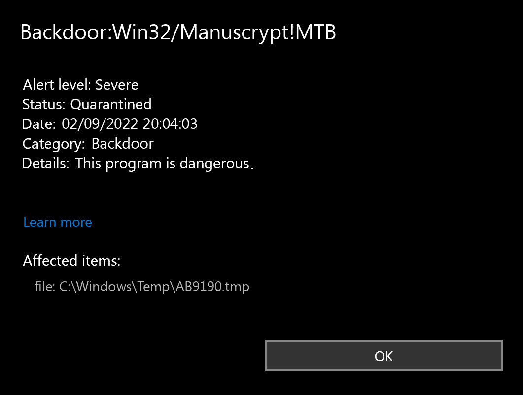 Backdoor:Win32/Manuscrypt!MTB found