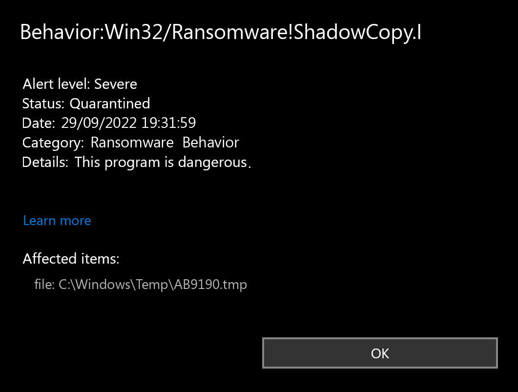 Behavior:Win32/Ransomware!ShadowCopy.I found
