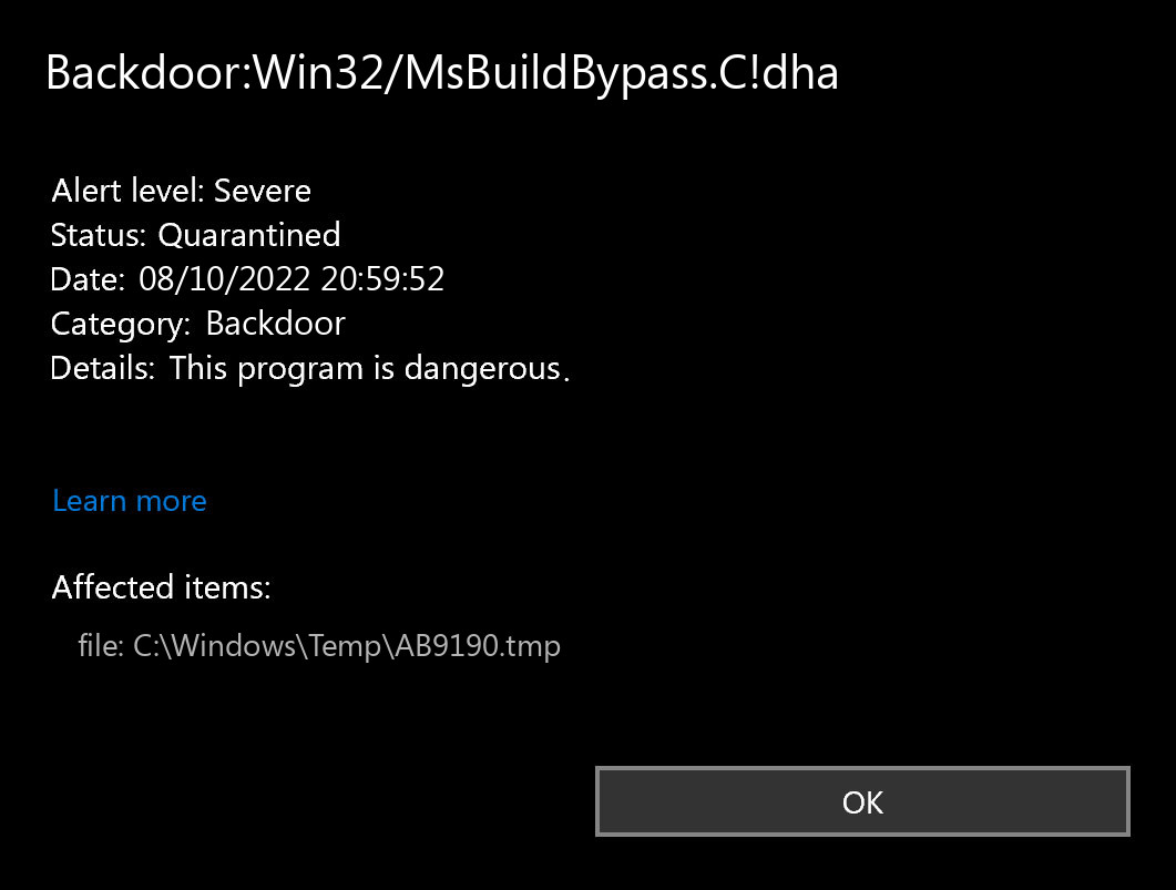 Backdoor:Win32/MsBuildBypass.C!dha found