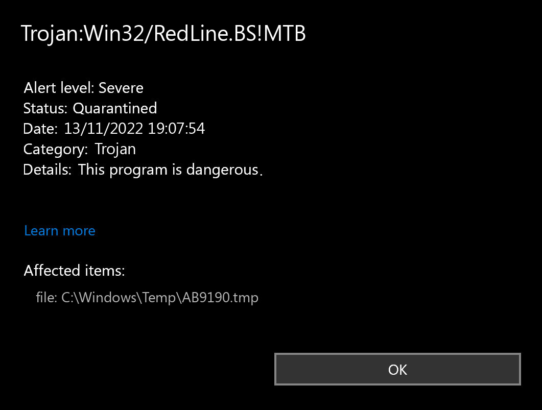 Trojan:Win32/RedLine.BS!MTB found