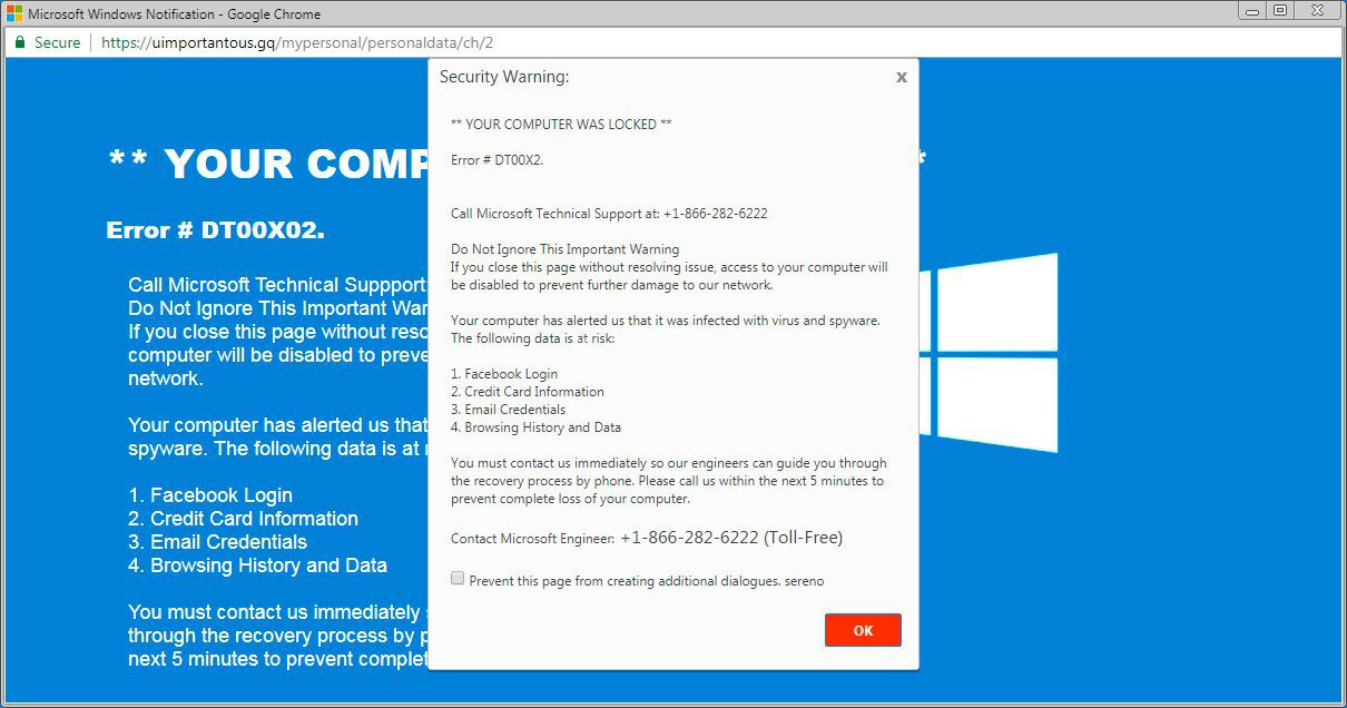 Microsoft tech support scam as part of EUS:Win32/CustomEnterpriseBlock virus