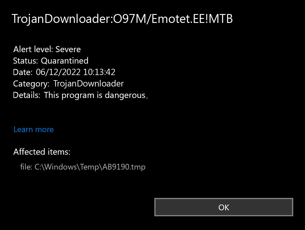 TrojanDownloader:O97M/Emotet.EE!MTB found