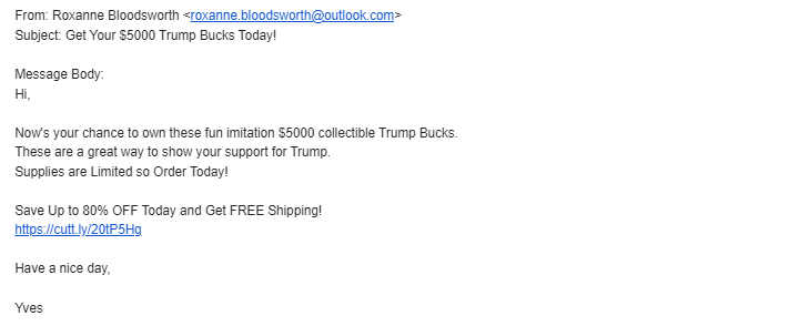 Trump Bucks spam email
