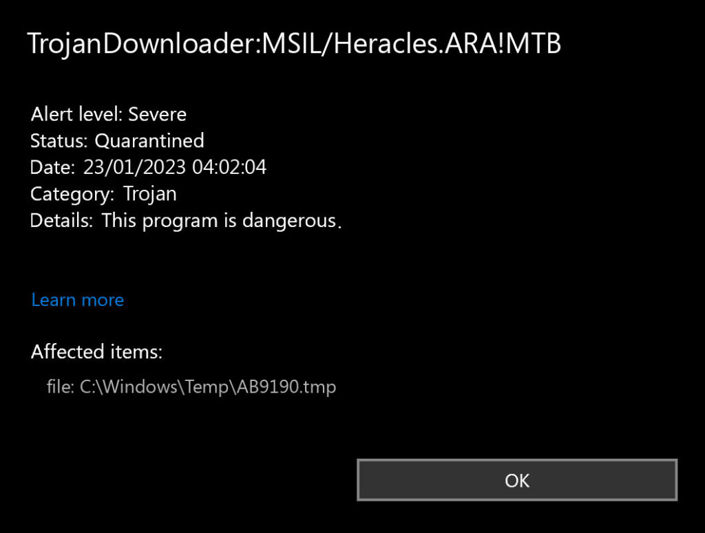 TrojanDownloader:MSIL/Heracles.ARA!MTB Virus Removal — How To Fix Guide