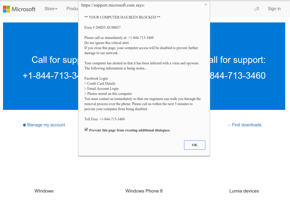 Microsoft Tech Support Scam as part of Behavior:Win32/CoinMiner.I attack