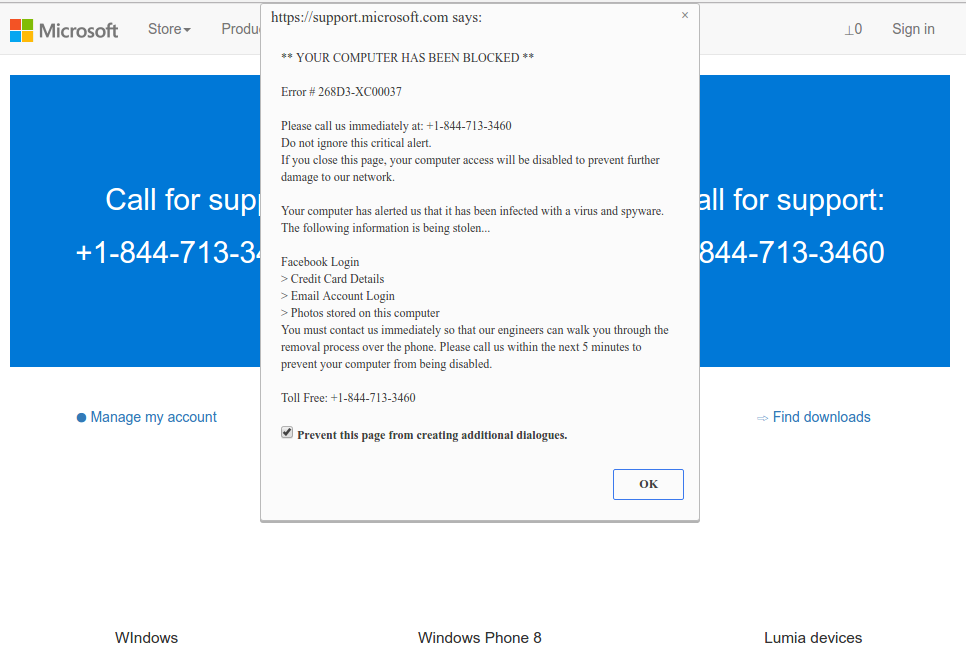 Microsoft Tech Support Scam before PUADlManager:Win32/Sepdot Virus