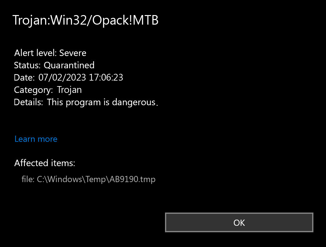 Trojan:Win32/Opack!MTB found