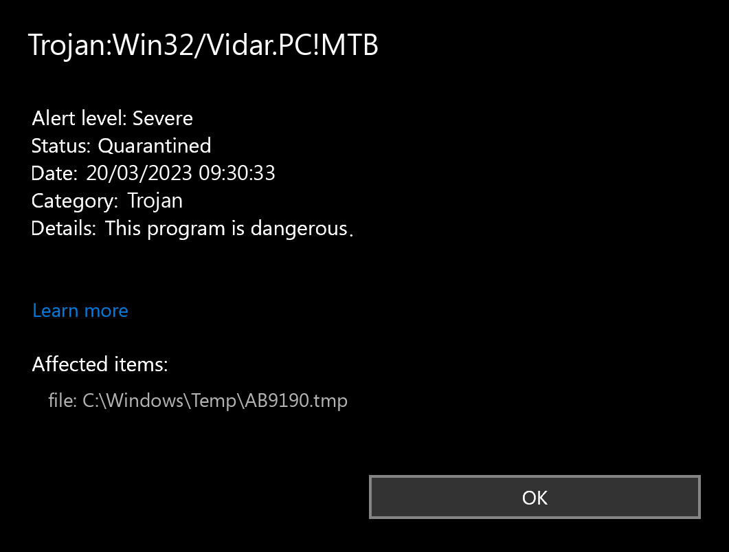 Trojan:Win32/Vidar.PC!MTB found
