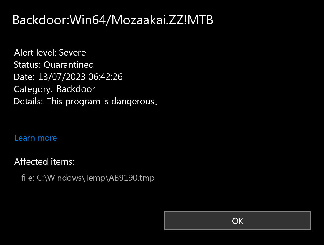 Backdoor:Win64/Mozaakai.ZZ!MTB found