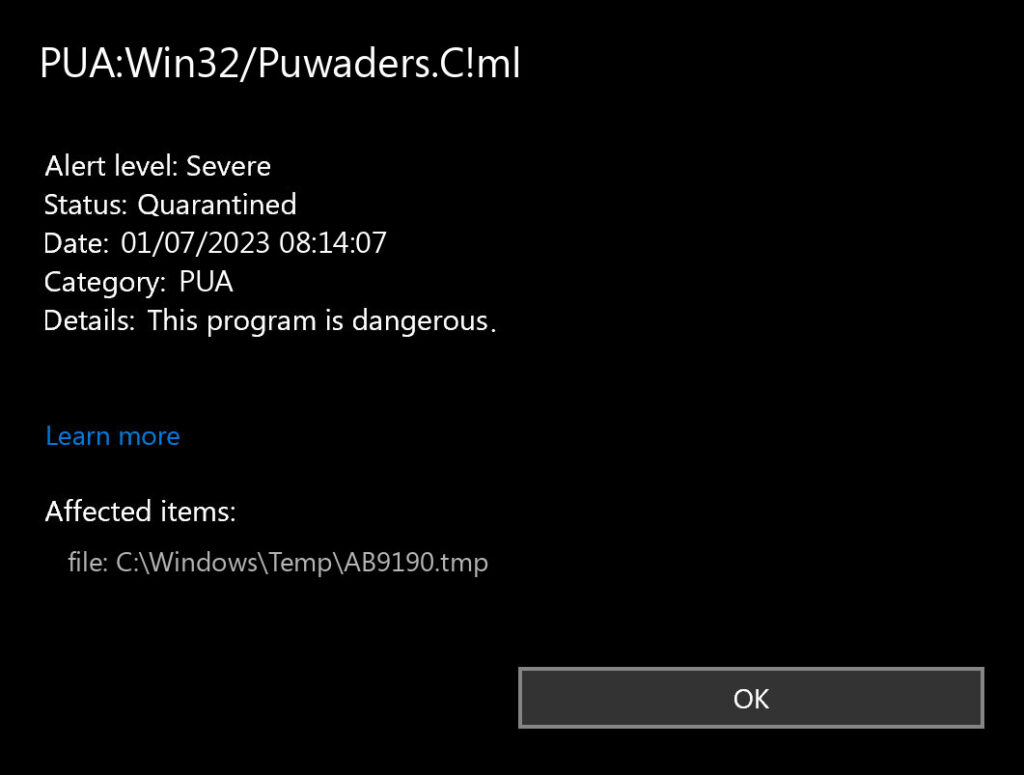 PUA:Win32/Puwaders.C!ml — Puwaders PUA Removal