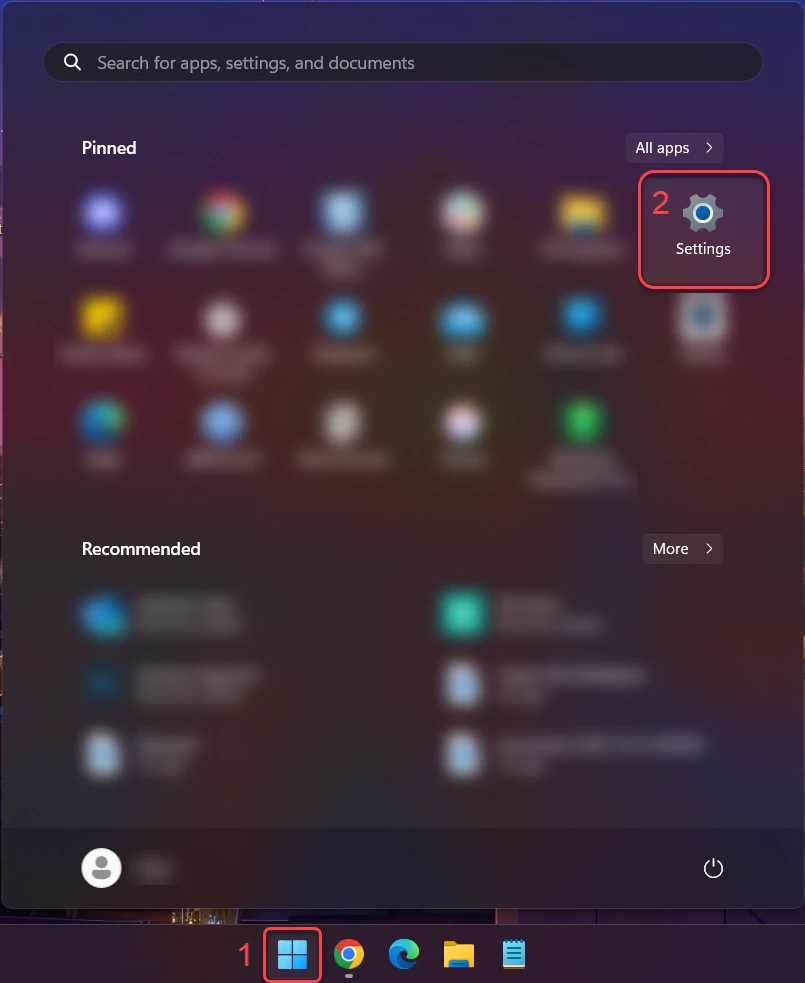 Start and settings screenshot