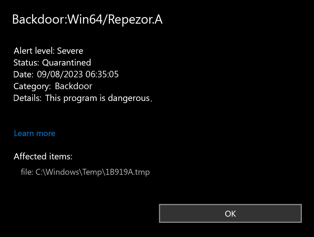 Backdoor:Win64/Repezor.A found
