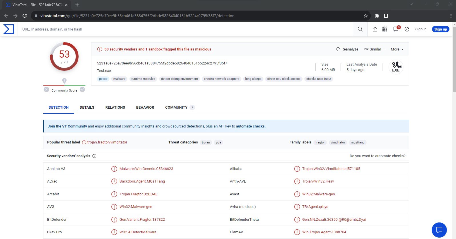 VirusTotal results screenshot