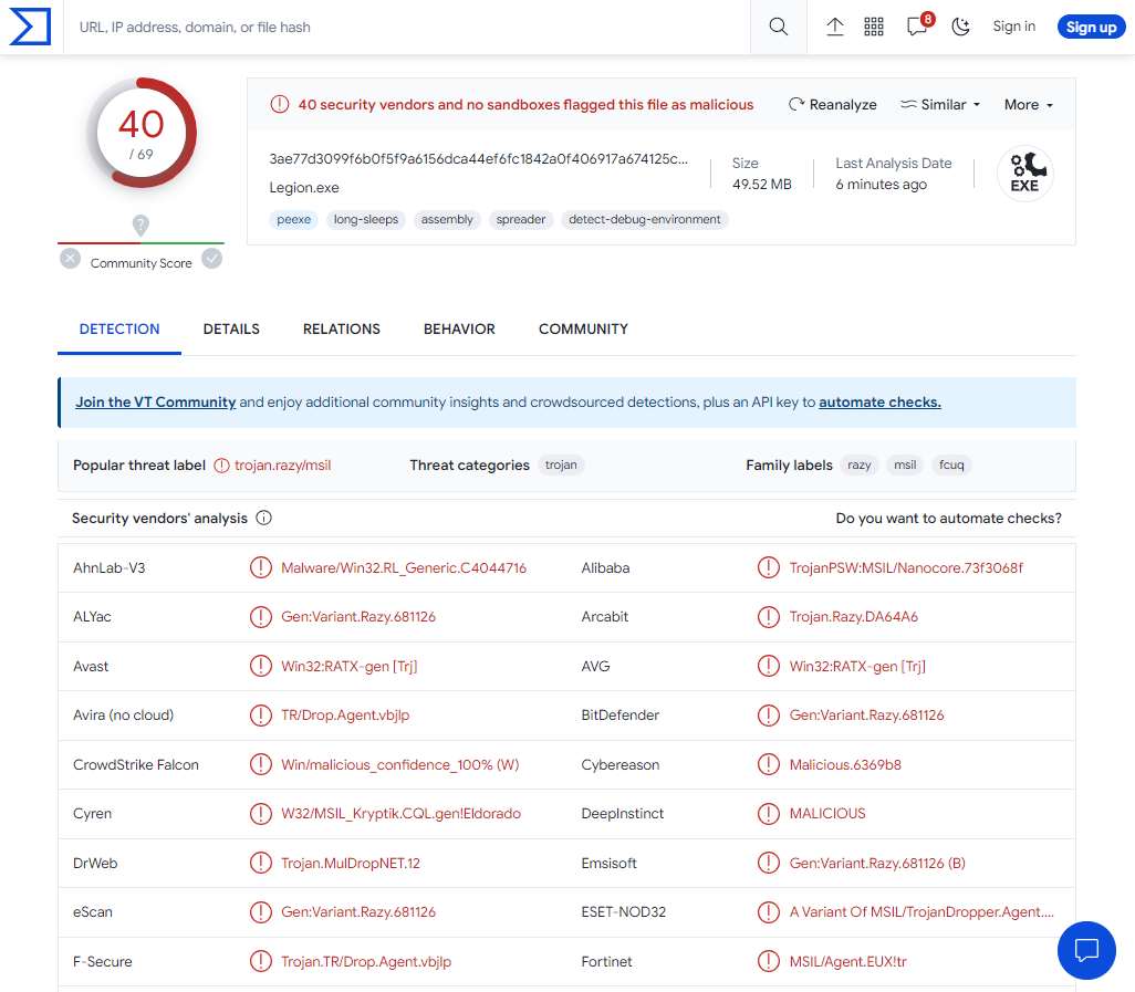 VirusTotal scan result screenshot