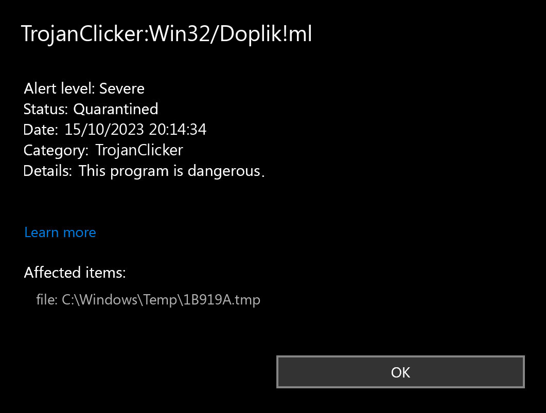 TrojanClicker:Win32/Doplik!ml found