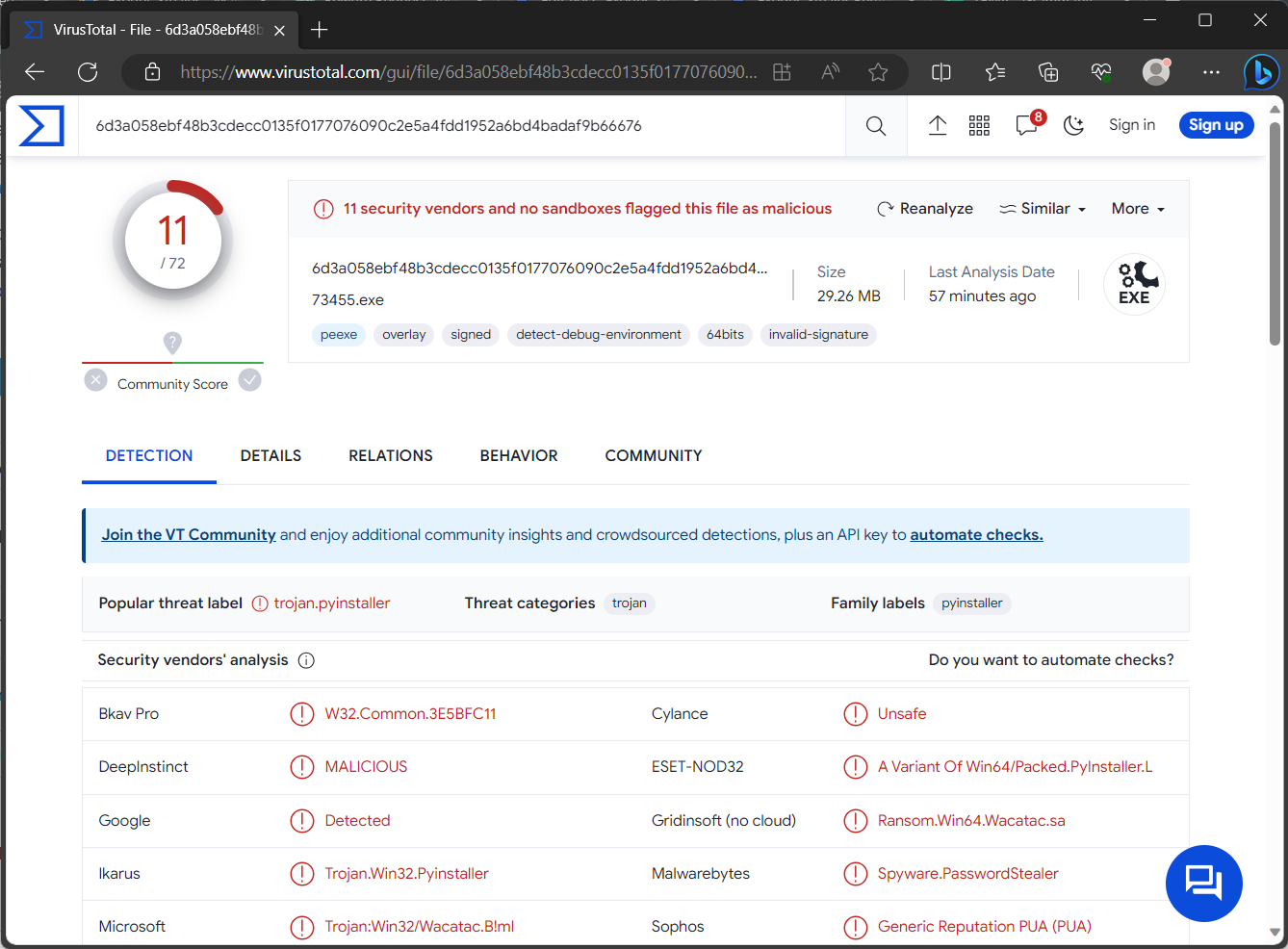 Exodus Stealer detection page on VirusTotal