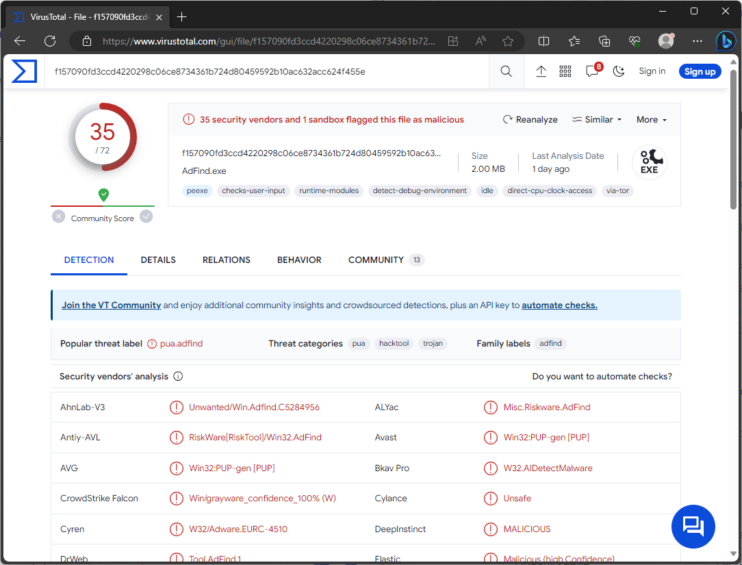 VirusTotal detections result page screenshot