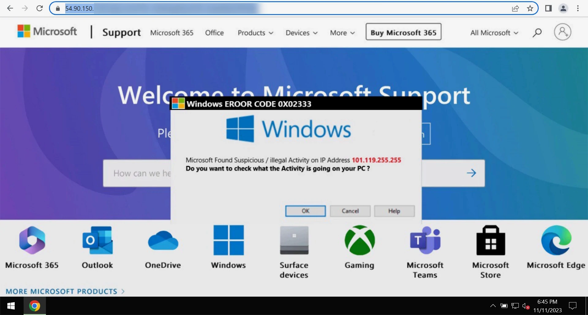 “Windows EROOR CODE 0X02333” screenshot