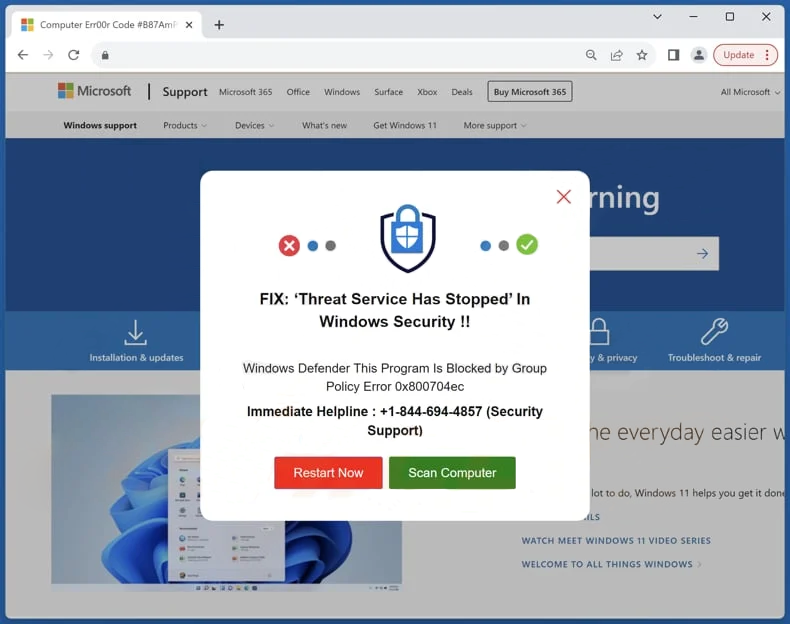 Pop-up with a fake alert "Threat Service Has Stopped"