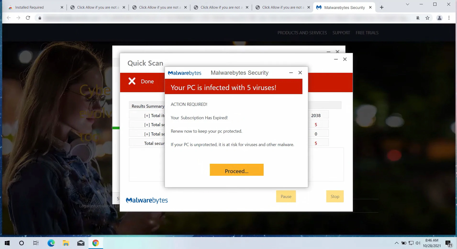 “Malwarebytes – Your PC Is Infected With 5 Viruses!” pop-up screenshot