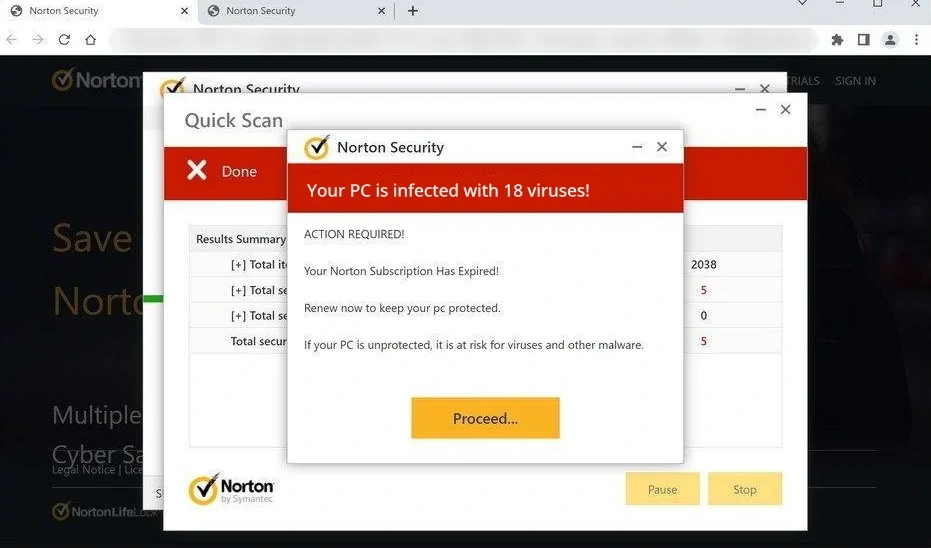 Norton – Your PC Is Infected With 18 Viruses! popup screenshot