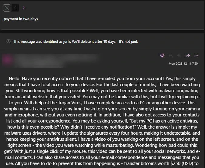 “I have e-mailed you from your account” Email Scam screenshot