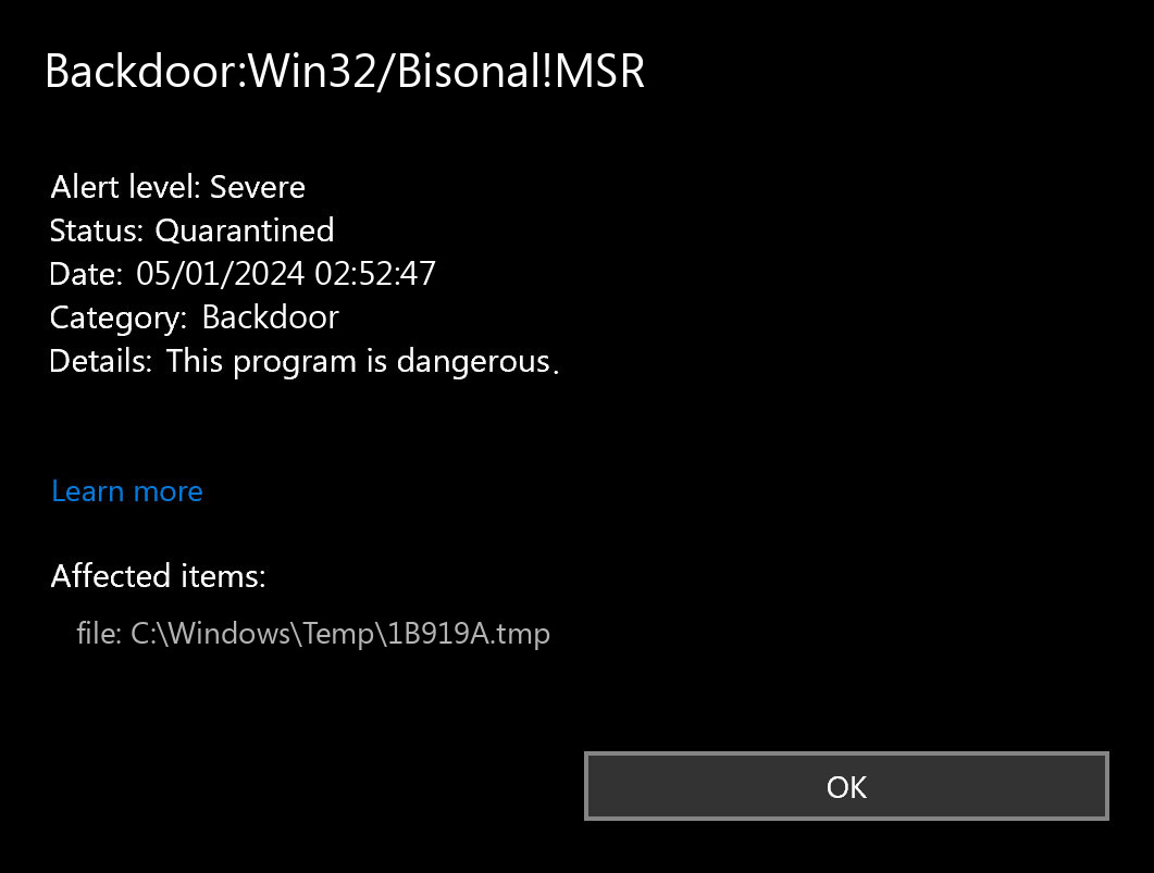 Backdoor:Win32/Bisonal!MSR found
