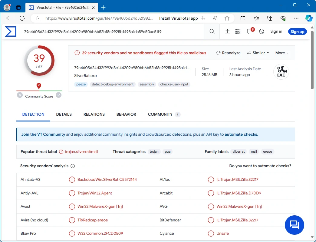 Silver Malware on VirusTotal screenshot