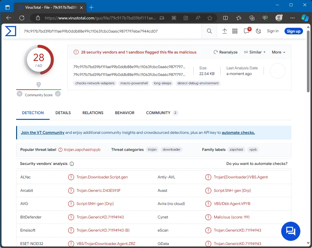 Screenshot Xeno Malware on VirusTotal
