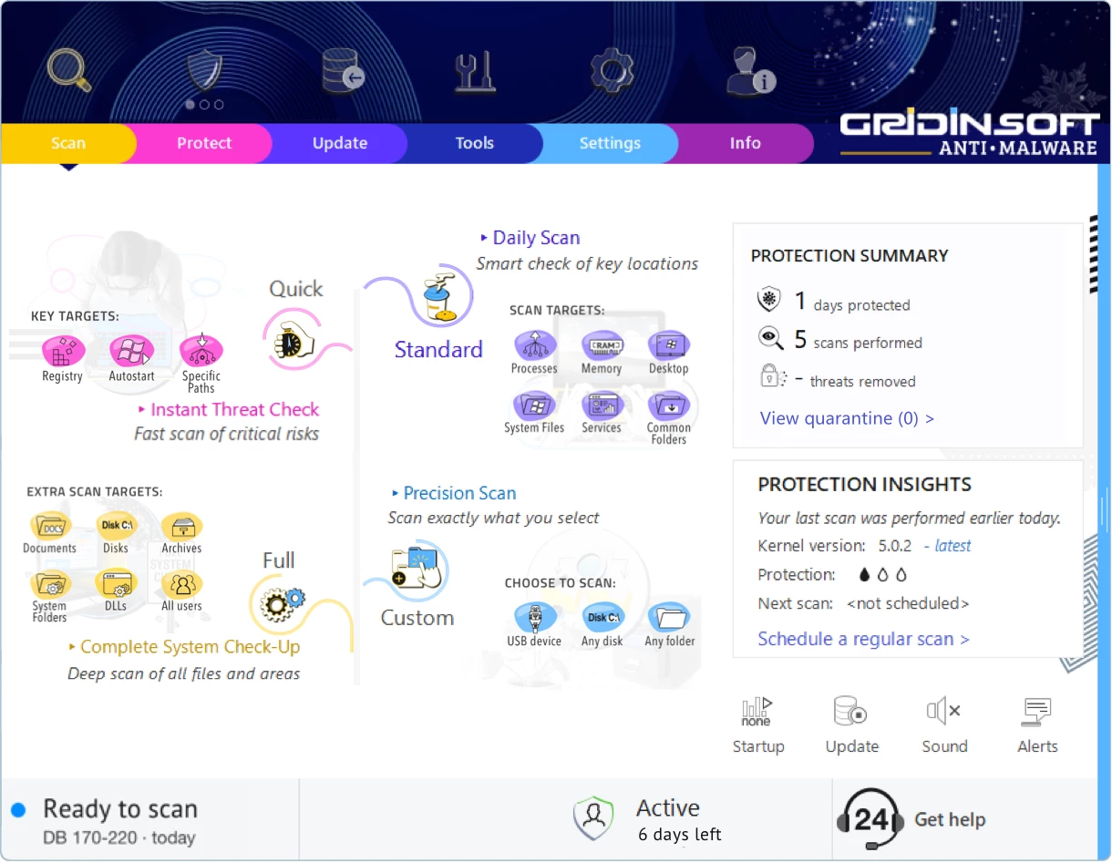 Gridinsoft Anti-Malware Scan tab with available on-demand scans