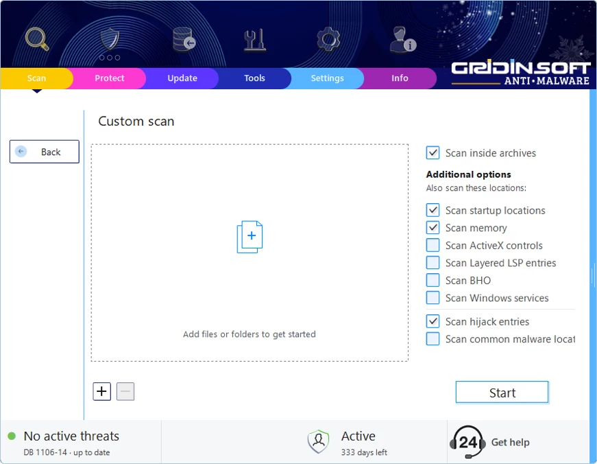 Custom Scan screen with folder list and Start button