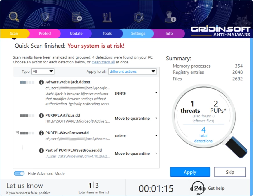 Gridinsoft Anti-Malware scan results list