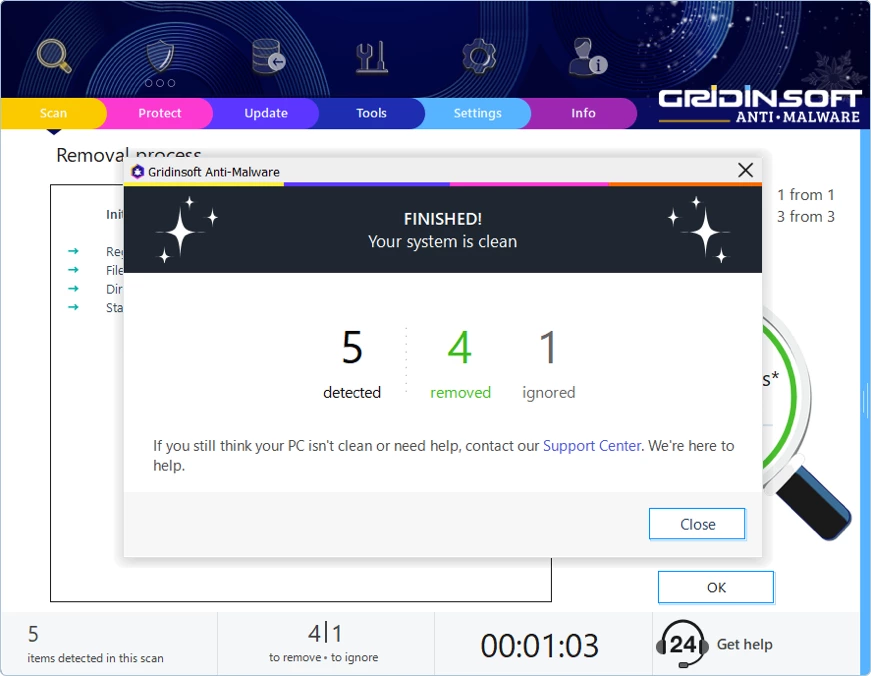 Gridinsoft Anti-Malware removal completed message