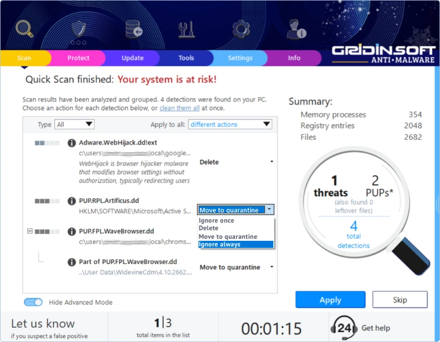 Gridinsoft Anti-Malware advanced scan result actions