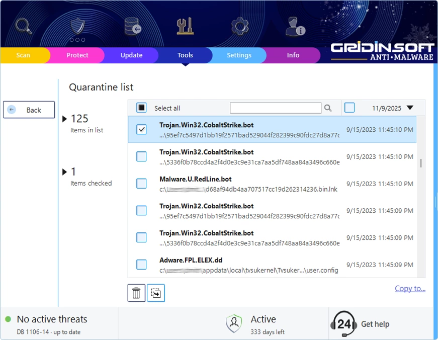 Gridinsoft Anti-Malware quarantine list