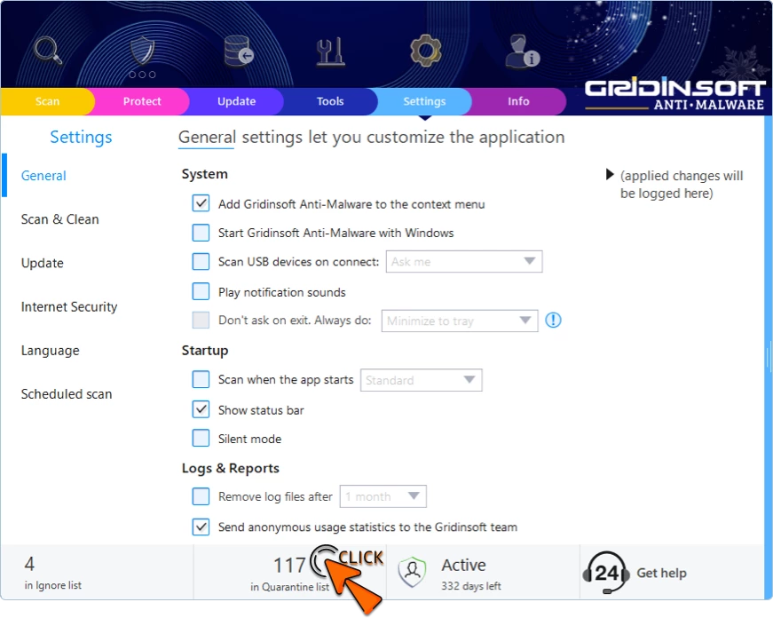 Gridinsoft Anti-Malware general settings screen