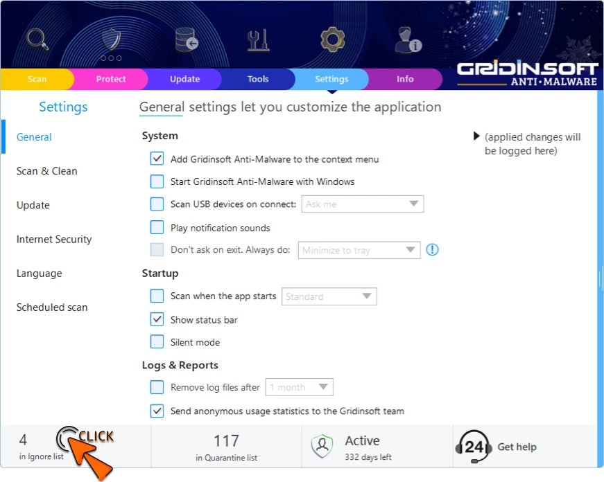 Gridinsoft Anti-Malware settings screen with Scan and Clean section