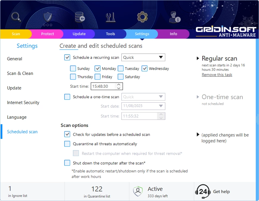 Gridinsoft Anti-Malware scheduled scan settings
