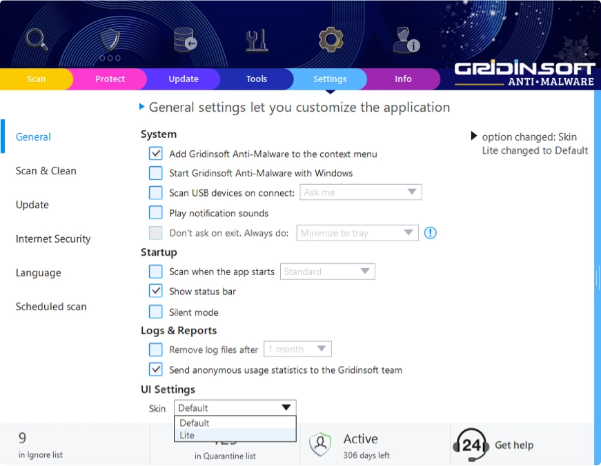 Gridinsoft Anti-Malware user interface settings