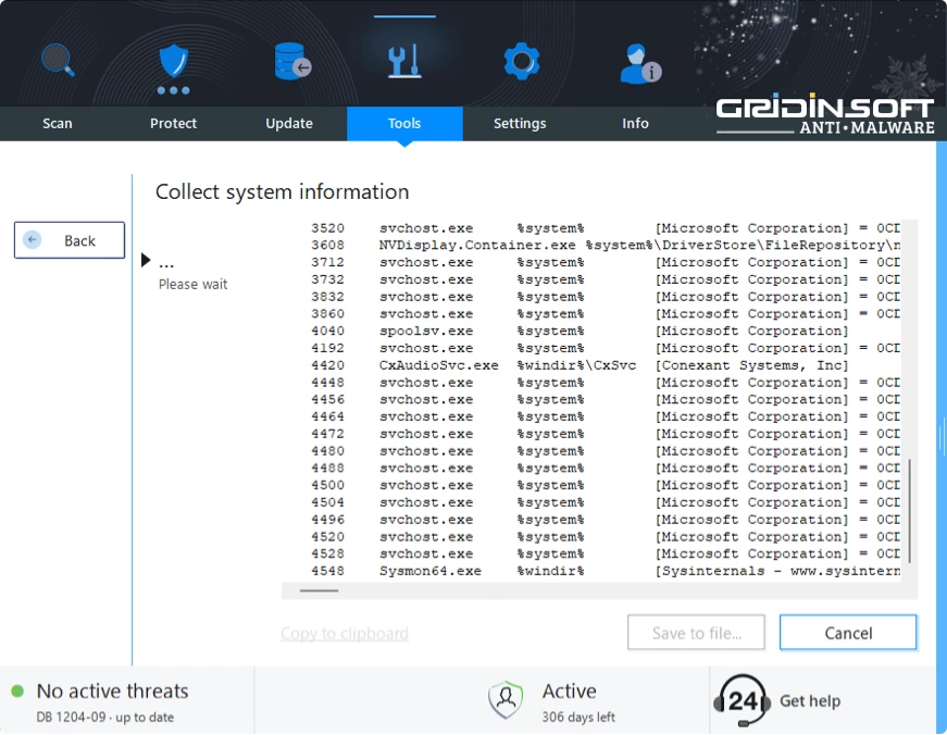 Gridinsoft Anti-Malware collect system information screen