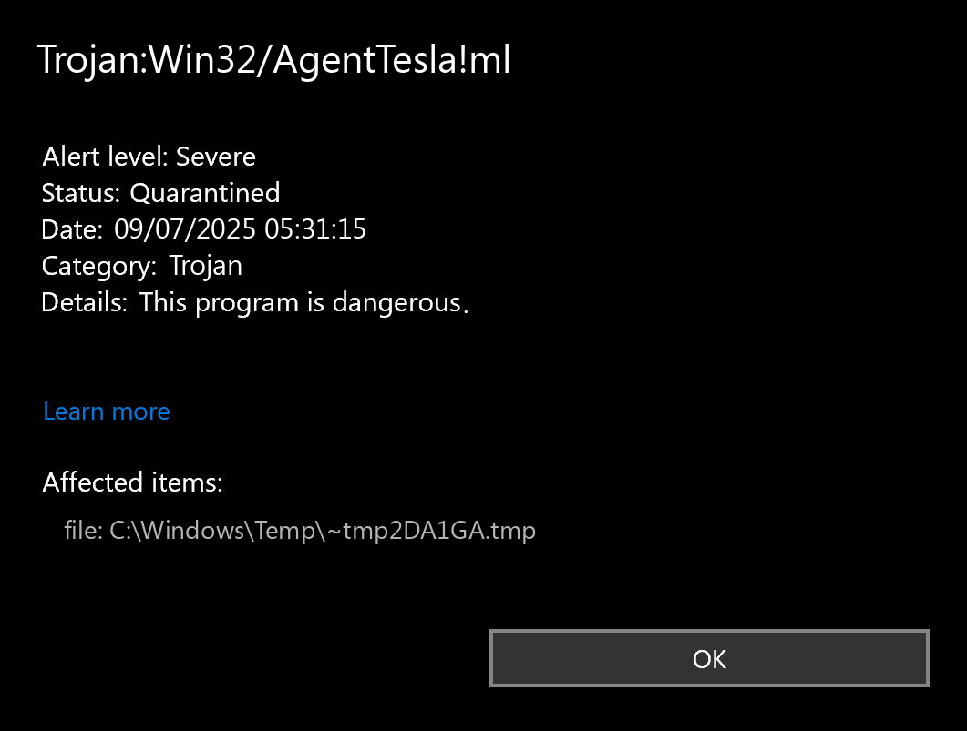 Trojan:Win32/AgentTesla!ml found